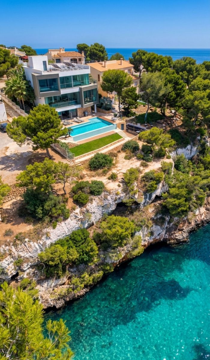 Luxusvilla The Crystal Bay mit Blick auf die türkisfarbene Bucht von Cala Pi